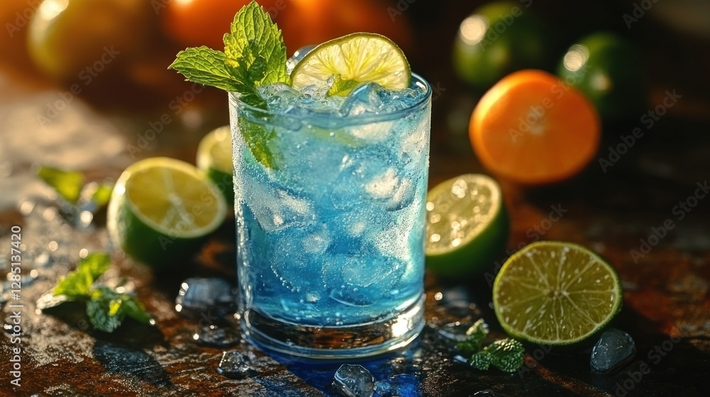 Refreshing blue cocktail with lime and mint on wooden table, surrounded by citrus fruits Refreshing blue cocktail with lime and mint on wooden table, surrounded by citrus fruits