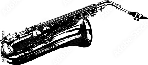 This is a black and white illustration of a saxophone, showcasing its elegant curves and classic design