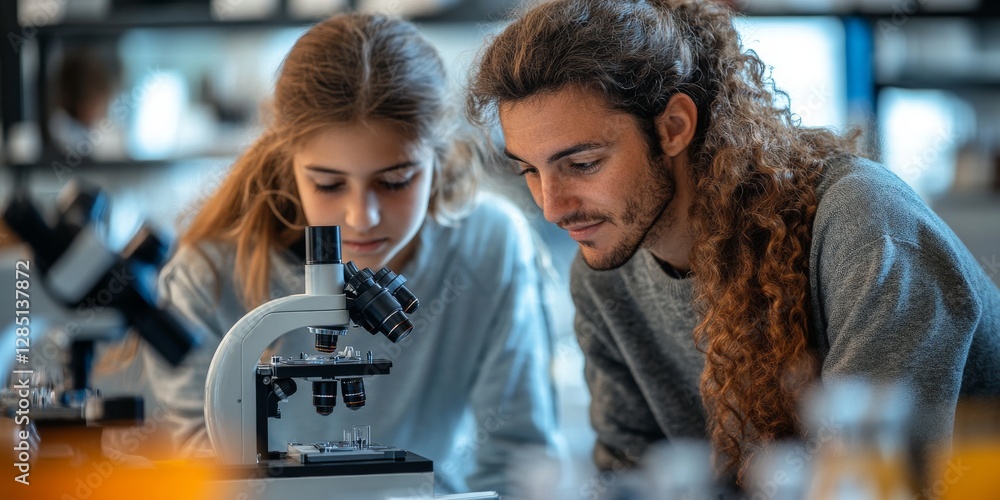 Obraz premium Teacher helping student using microscope in science class