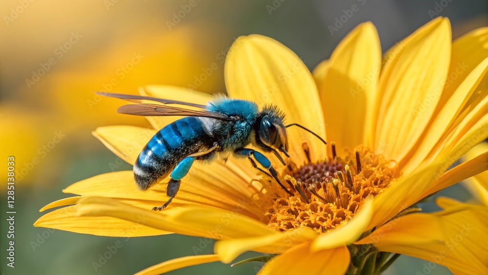 Azure Bee on Sunflower: A striking azure bee diligently collects pollen from a vibrant sunflower, its colorful body providing a beautiful contrast to the bright yellow petals. Azure Bee on Sunflower: A striking azure bee diligently collects pollen from a vibrant sunflower, its colorful body providing a beautiful contrast to the bright yellow petals.