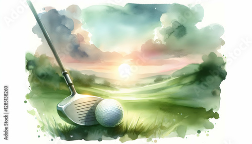 Golf Watercolor painting of a golf scene, where the golf ball and club are softly blended into the green 3