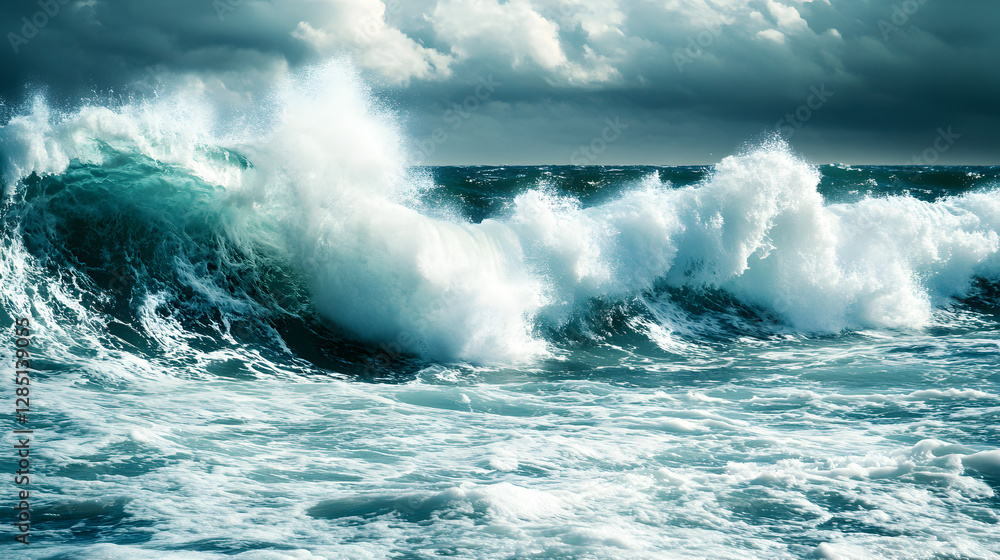 with large waves crashing against the shore, creating dynamic motion and powerful splashes 