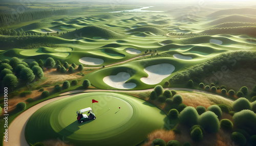 Golf Realistic 3D rendering of a stunning golf course from an aerial perspective, featuring lush green fa1