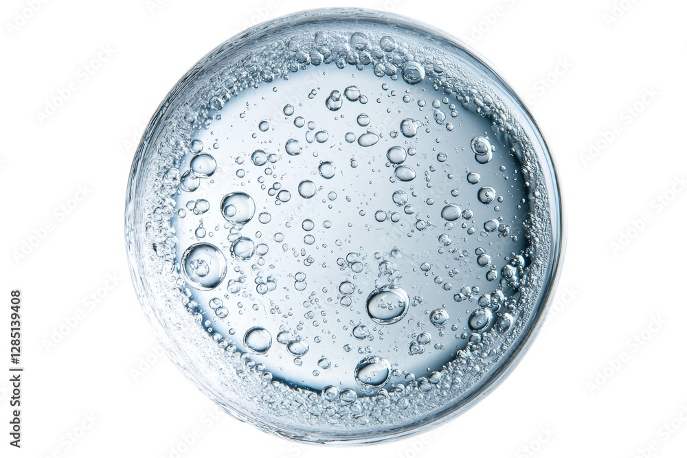 Clear Water Surface with Bubbles in Round Glass Container on White Background Clear Water Surface with Bubbles in Round Glass Container on White Background