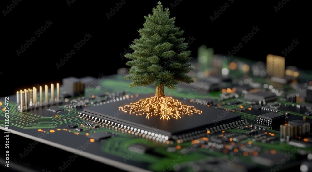 Obraz premium Sustainable Tech Tree Growing from Circuit Board