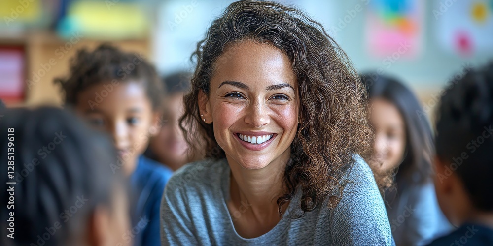 Fototapeta premium Smiling teacher interacting with elementary school students in classroom