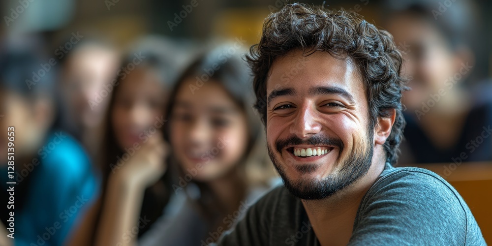 Obraz premium Smiling teacher giving lesson to students in classroom