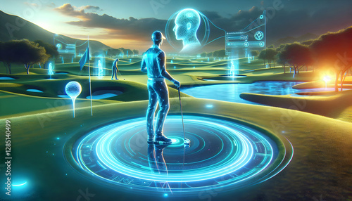 Golf Futuristic golf course with a neon-lit golfer standing near a digital water surface, reflecting a ho3