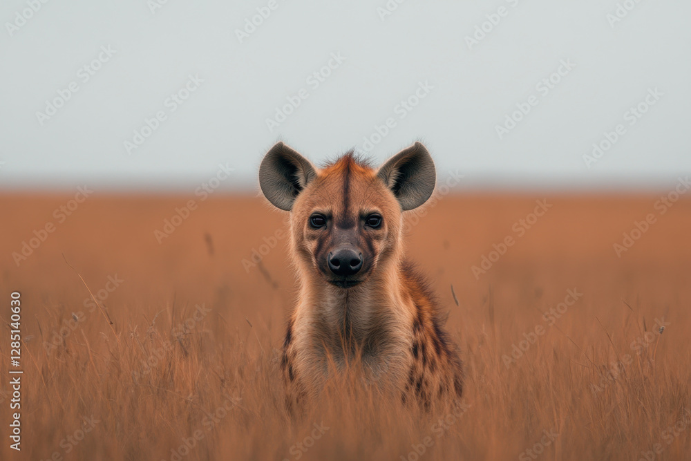 Fototapeta premium A baby hyena is standing in tall grass
