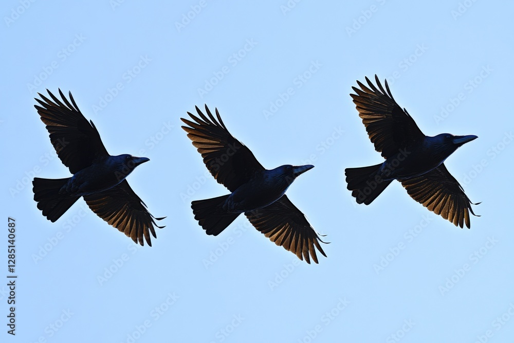 Obraz premium Three Silhouetted Crows in Flight Against a Clear Blue Sky, Capturing a Moment of Nature's Grace and Bird Behavior