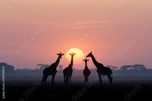 A group of giraffes standing in a field with the sun setting behind them photo