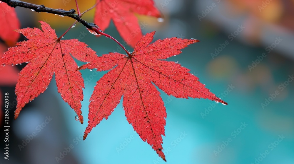 Autumn Maple Leaf Red Foliage Dew Drops Fall Colors Nature Background Autumn Maple Leaf Red Foliage Dew Drops Fall Colors Nature Background