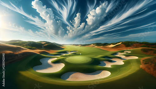 Golf A panoramic view of a golf course with rolling hills and strategically placed sand bunkers photo