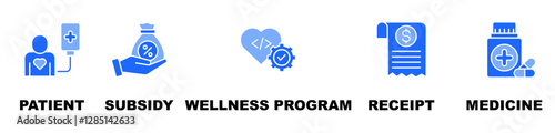 Comprehensive Healthcare And Patient Support Framework Icon Set Vector Illustration Concept With Icon Of Patient, Subsidy, Wellness Program, Receipt, Medicine 