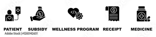 Comprehensive Healthcare And Patient Support Framework Icon Set Vector Illustration Concept With Icon Of Patient, Subsidy, Wellness Program, Receipt, Medicine 
