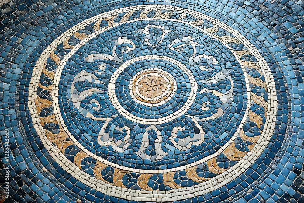 Obraz premium Mosaic tile design in turquoise and blue with hexagonal patterns, showcasing an Islamic geometric pattern. The center of the circle is filled by complex floral designs.