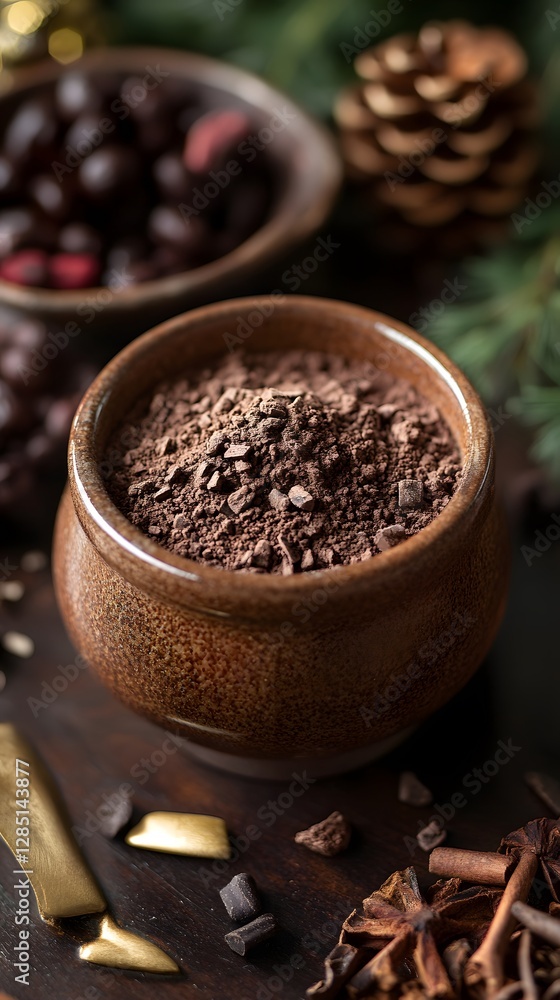 A rustic wooden bowl filled with cocoa powder next to coffee beans and spices. A rustic wooden bowl filled with cocoa powder next to coffee beans and spices.