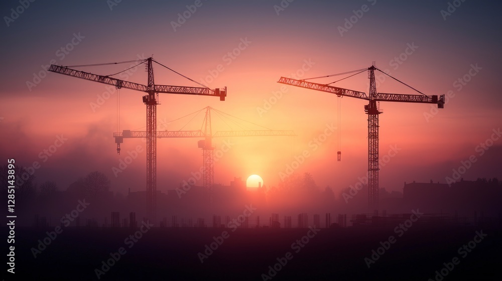 Construction Cranes at Sunrise Misty Cityscape Development Construction Cranes at Sunrise Misty Cityscape Development