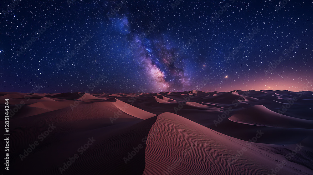 Naklejka premium A vast, starry desert sky stretching above rolling sand dunes at night 
