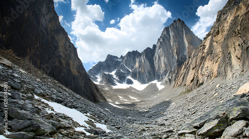 texture with steep cliffs, dark rocks, and scattered snow, creating a dramatic and imposing scene  photo