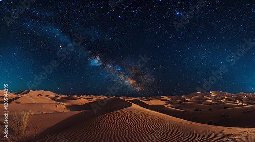A vast, starry desert sky stretching above rolling sand dunes at night 