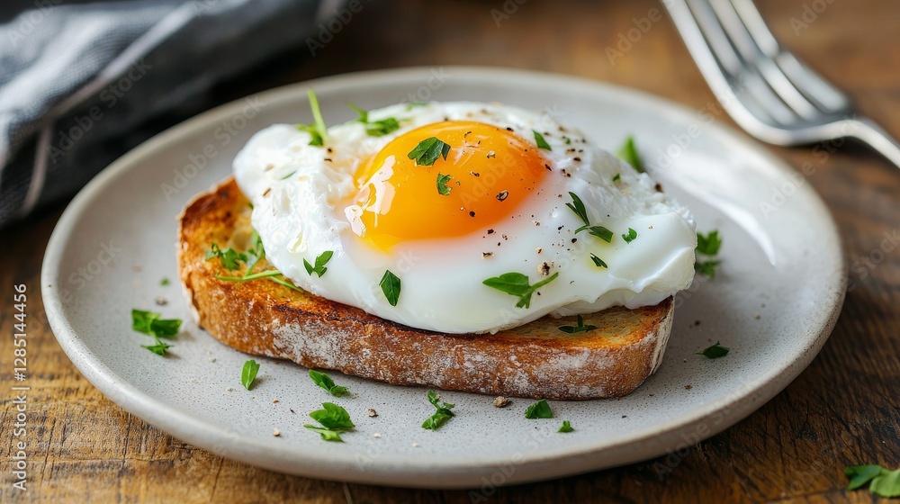 A fried egg on a piece of toast, garnished with parsley and ground pepper, served on a white plate. A fried egg on a piece of toast, garnished with parsley and ground pepper, served on a white plate.