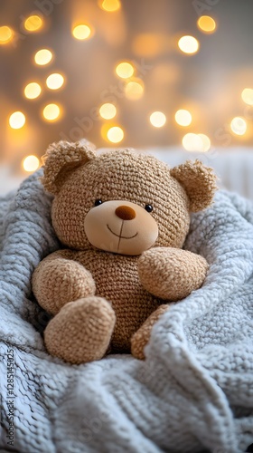 Wallpaper Mural Adorable plush teddy bear wrapped in a cozy blanket against a dreamy bokeh background. Torontodigital.ca