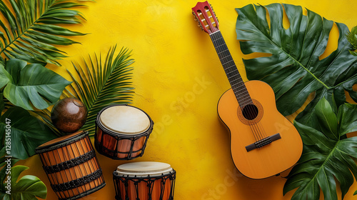 Traditional musical instruments with a tropical yellow backdrop. World Music day. Brazilian carnival 