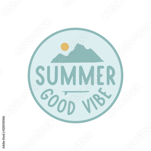 Simple style summer logo good vibe with mountain and sun and surfboard vector design