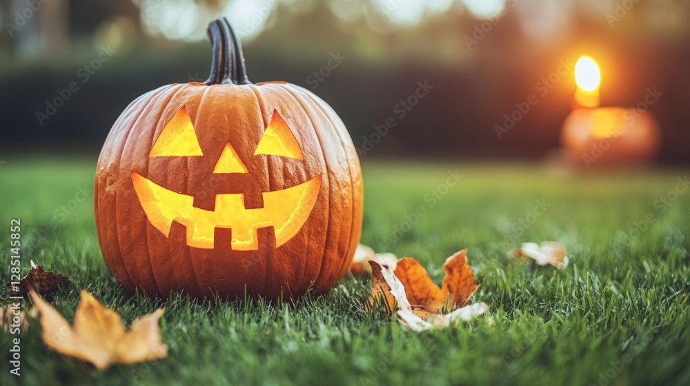 Obraz premium Illuminated Jack o lantern on Autumn Grass Halloween Night Scene