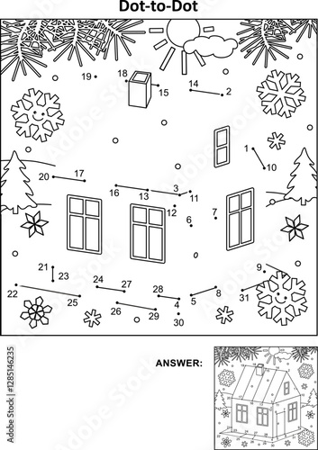 Cabin in winter connect the dots puzzle and coloring page, activity sheet for kids. Answer included.

