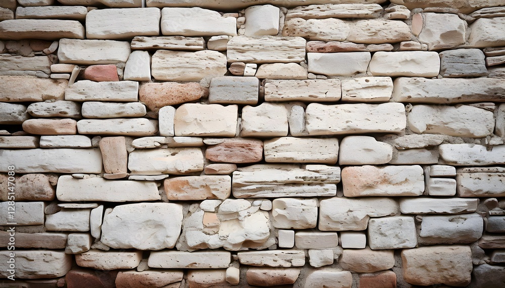 Fototapeta premium Close-up of a white stone wall with stacked bricks and natural textures.