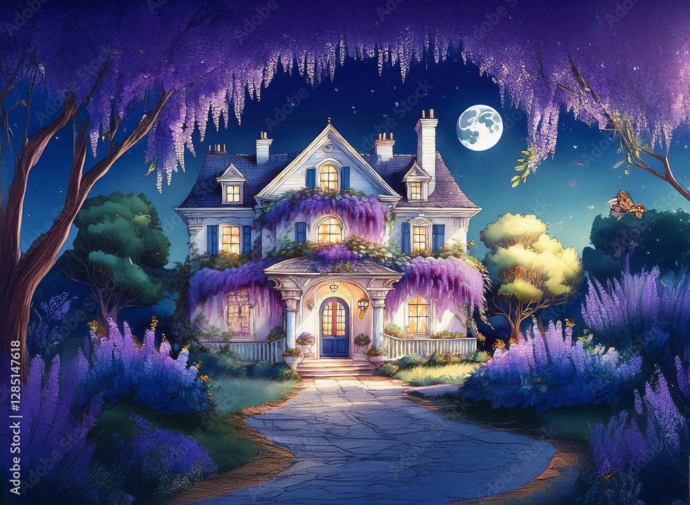 Fototapeta premium Dreamy house at night with wisteria flowers. Full moon in background creates a magical and peaceful atmosphere.