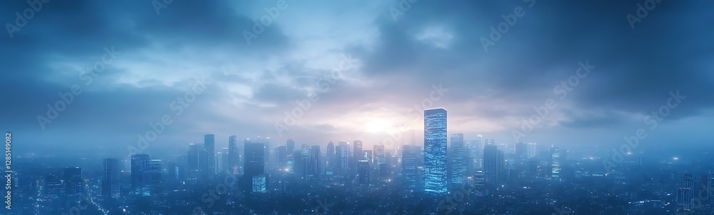 A panoramic cityscape under a dramatic blue sky with urban buildings illuminated by soft light. A panoramic cityscape under a dramatic blue sky with urban buildings illuminated by soft light.