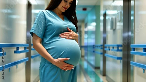 Pregnant woman in hospital corridor preparing for childbirth during early morning hours