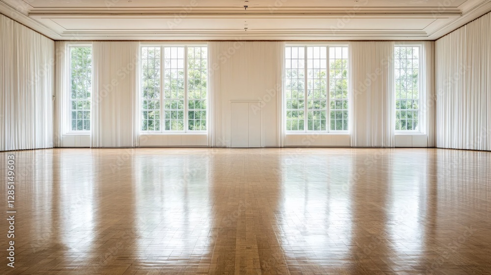 Fototapeta premium Grand Ballroom Interior Elegant Columns Hardwood Floor Large Windows Sunlight