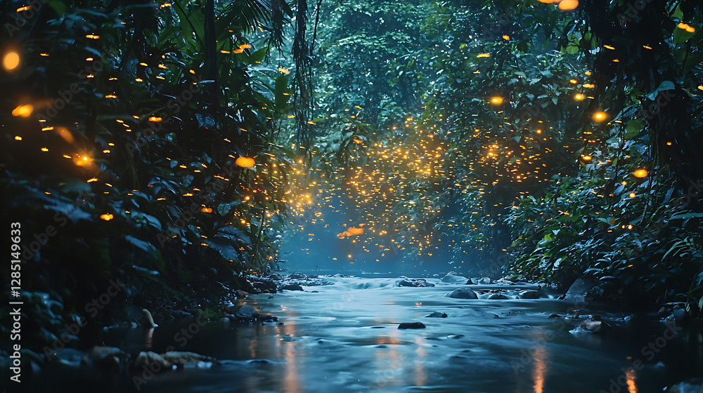Fireflies dance above a tranquil river flowing through a dense, misty rainforest Fireflies dance above a tranquil river flowing through a dense, misty rainforest