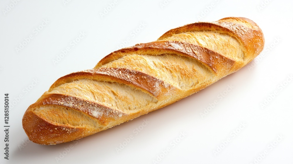 Crusty baguette on white background, bakery product Crusty baguette on white background, bakery product