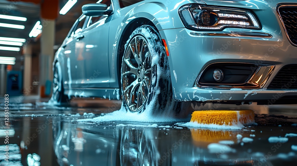 Car washing the floor with a sponge in an illustrative setting capturing unique cleaning method Car washing the floor with a sponge in an illustrative setting capturing unique cleaning method