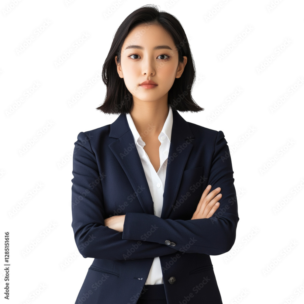 A Korean Woman in Navy Blue Blazer Crossed Arms Isolated on Transparent Background A Korean Woman in Navy Blue Blazer Crossed Arms Isolated on Transparent Background