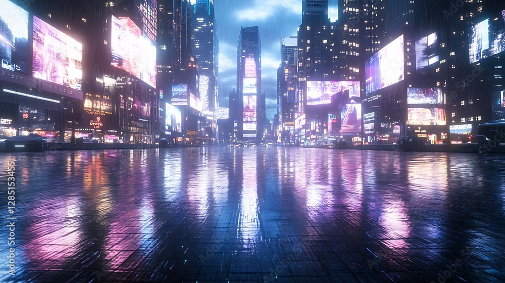 Obraz premium Vibrant cityscape at night with illuminated billboards reflecting on wet pavement.