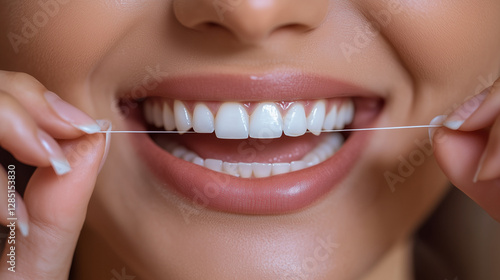 Woman flossing her white teeth with dental floss. International Dentist’s Day concept