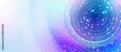 A futuristic abstract background featuring a glowing digital circular design with sparkling particles, ideal for tech interfaces, data visualization, and innovation concepts.