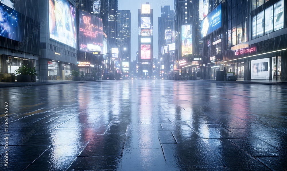 Fototapeta premium Empty urban street reflecting neon lights after rain.