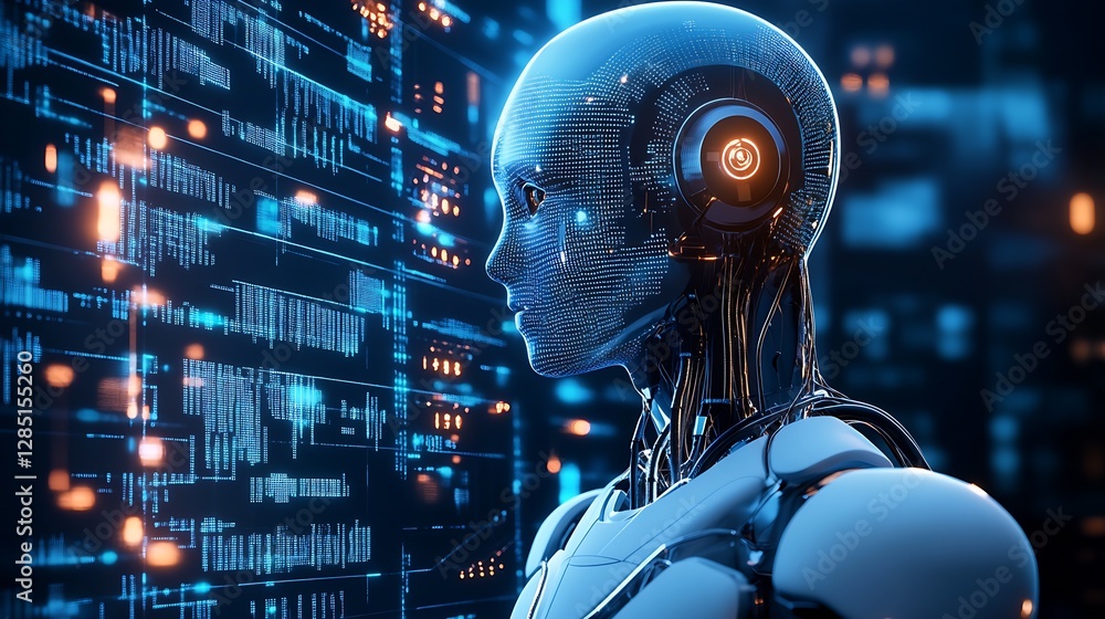 Futuristic humanoid robot concept with digital interface depicting advanced technology and AI interaction : Generative AI Futuristic humanoid robot concept with digital interface depicting advanced technology and AI interaction : Generative AI
