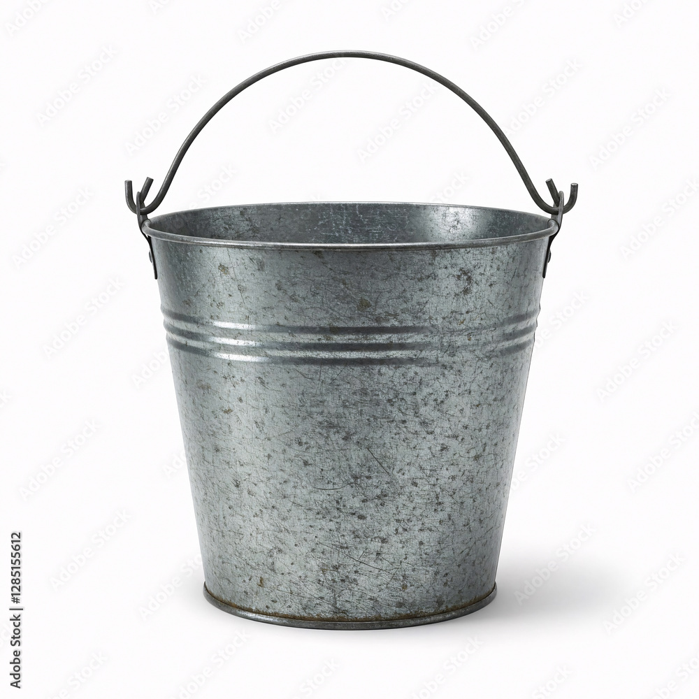 Old metal bucket isolated on white background. 3d render image front view Old metal bucket isolated on white background. 3d render image front view