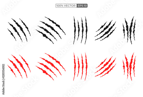 Set of red and black animal claw marks, scratches, talons cuts cat, tiger, dog, lion, monster vector stock illustration