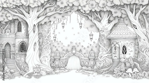 Wallpaper Mural A whimsical illustration of enchanted houses surrounded by magical trees. Torontodigital.ca