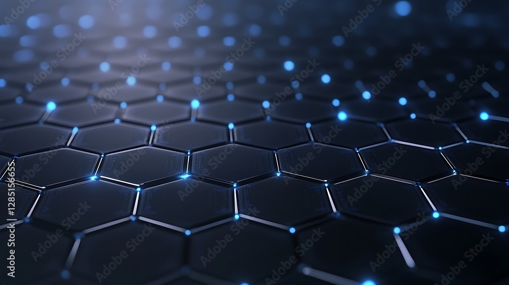 Naklejka premium Futuristic hexagonal pattern with glowing blue accents on a dark background.