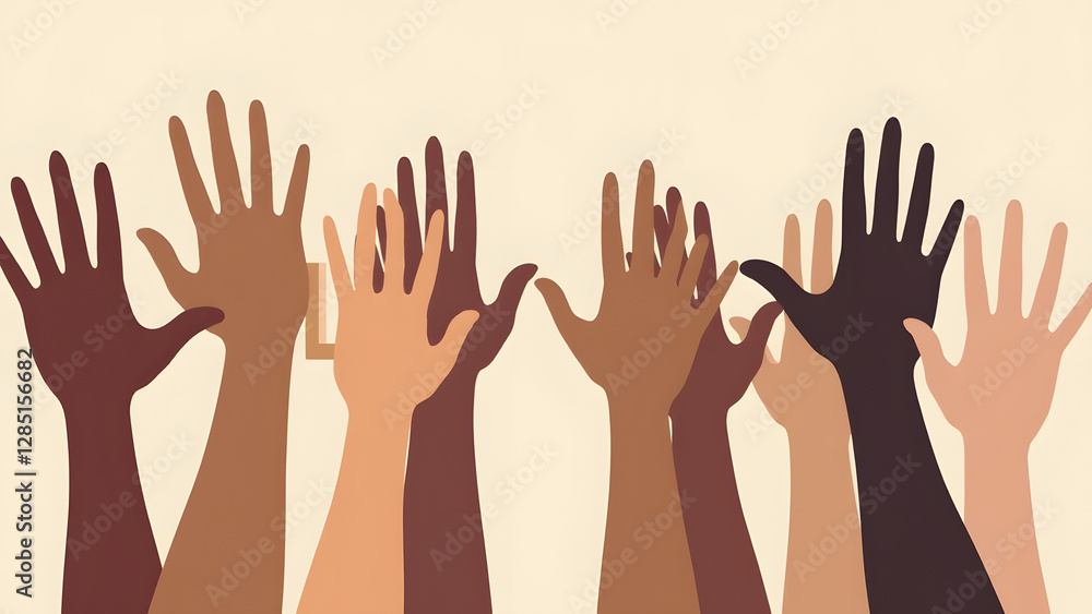 A row of hands of different colors with one hand separated, symbolizing racial division and the longing for unity. A row of hands of different colors with one hand separated, symbolizing racial division and the longing for unity.